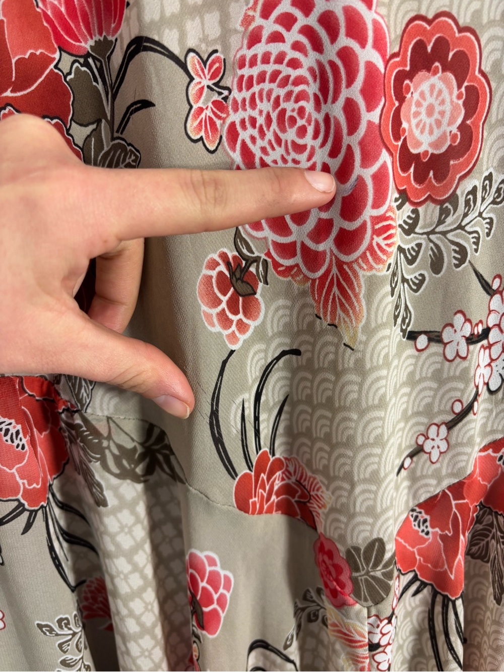 Tan+Red Floral Bias Cut Asymmetrical Hem Whimsy Cottage Fairy Dress Size M-L‎ - Picture 5 of 15